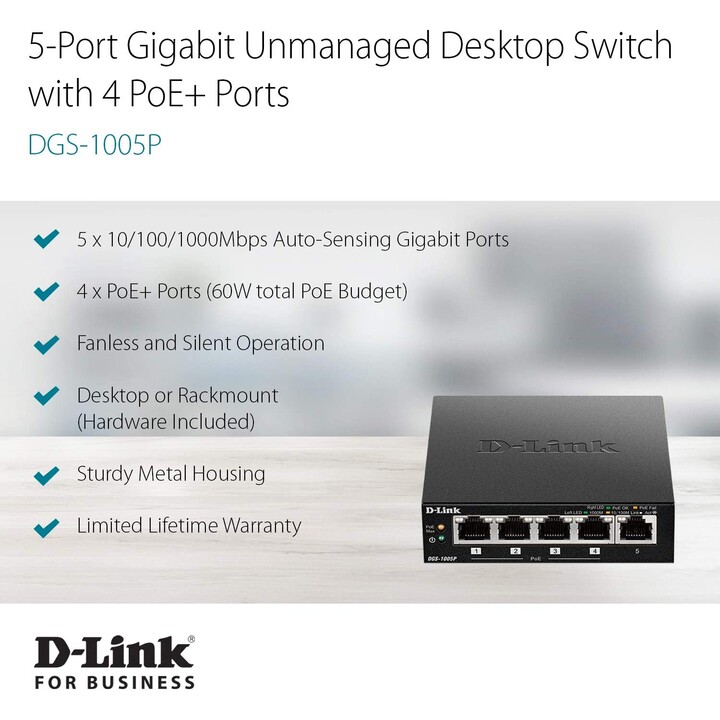 D-Link DGS-1005P switch No administrado L2 Gigabit Ethernet (10/100/1000) Energía sobre Ethernet (PoE) Negro