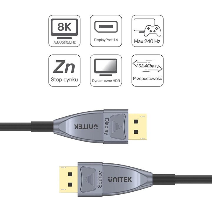 Unitek DisplayPort Cable Optical 1.4, AOC, 8K, 20M
