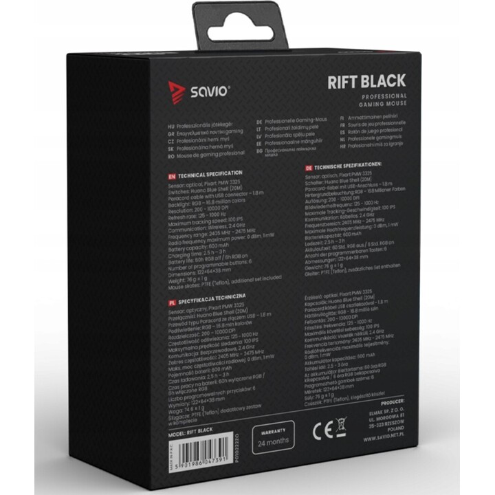 Savio RIFT BLACK ratón de juego RGB Modo Dual