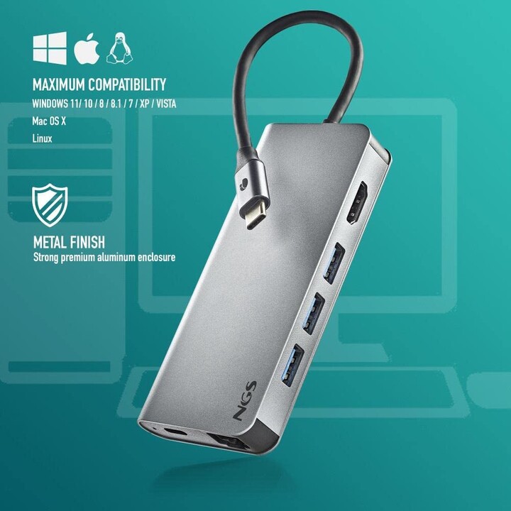 Docking USB 3.0 Type-C NGS WonderDock8/ 3 portas USB/ 1 USB Type-C/ 1 HDMI/ 1 RJ45/ 1 leitor de cartão SD