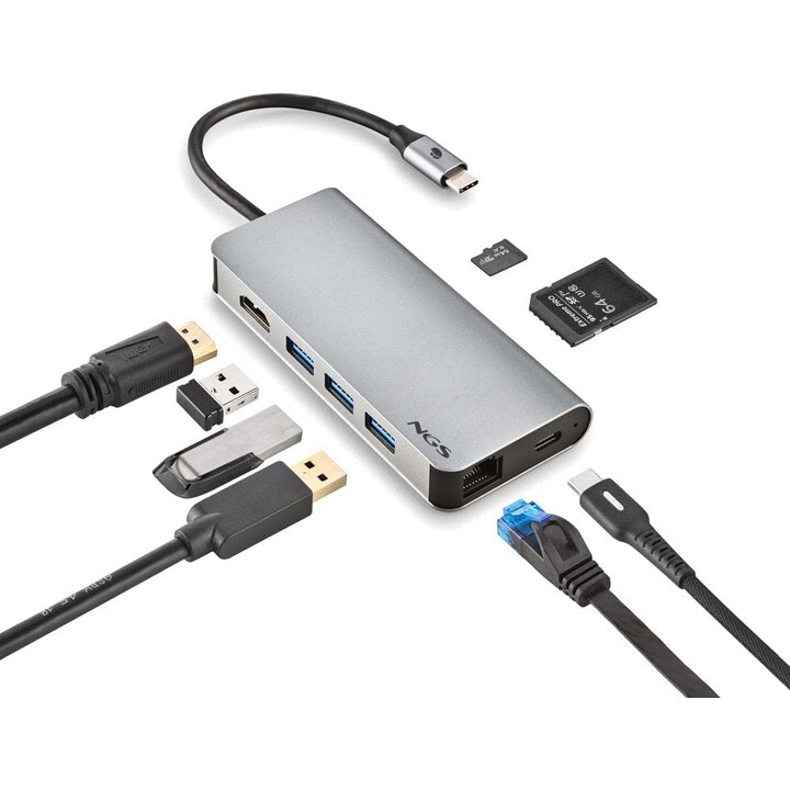 Docking USB 3.0 Type-C NGS WonderDock8/ 3 portas USB/ 1 USB Type-C/ 1 HDMI/ 1 RJ45/ 1 leitor de cartão SD