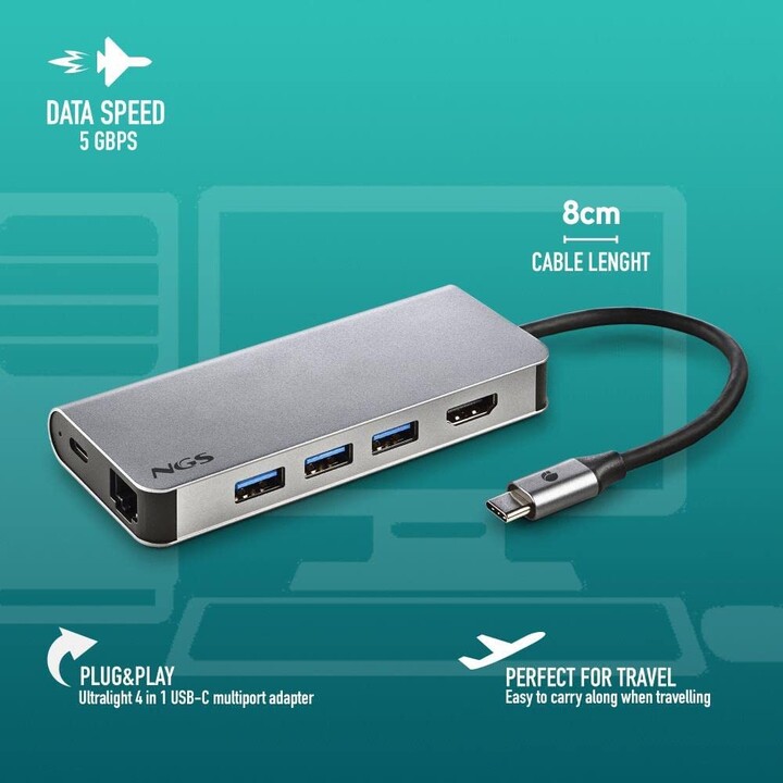 Docking USB 3.0 Type-C NGS WonderDock8/ 3 portas USB/ 1 USB Type-C/ 1 HDMI/ 1 RJ45/ 1 leitor de cartão SD