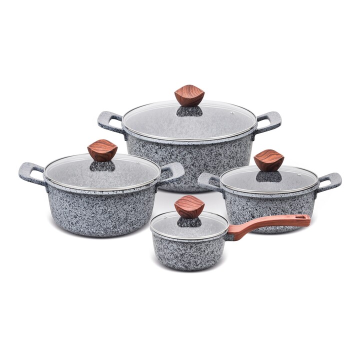 PROMIS GRANITE pot set, saucepan 16 cm, pots 20,24,28 brown handles