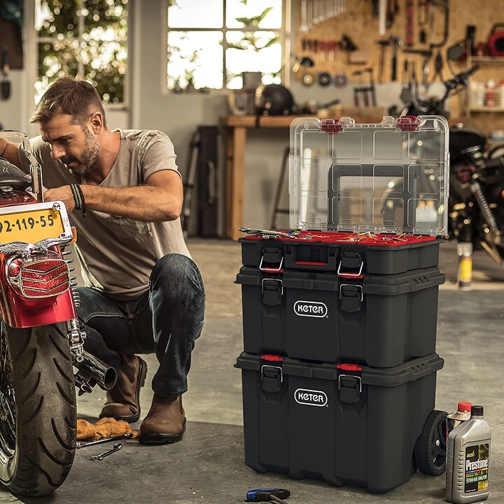 Keter Stack'N'Roll juego de 3 cajas de herramientas con ruedas para transporte profesional, Negro