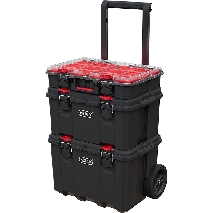 Keter Stack'N'Roll juego de 3 cajas de herramientas con ruedas para transporte profesional, Negro