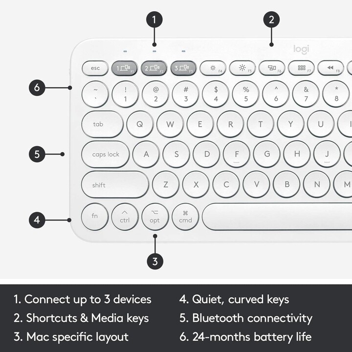 Tastiera Bluetooth multidispositivo Logitech K380 (wireless, bianca)