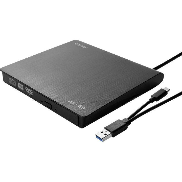 SAVIO AK-59 Grabador externo delgado de CD/DVD R/RW - USB-C/USB-A, negro