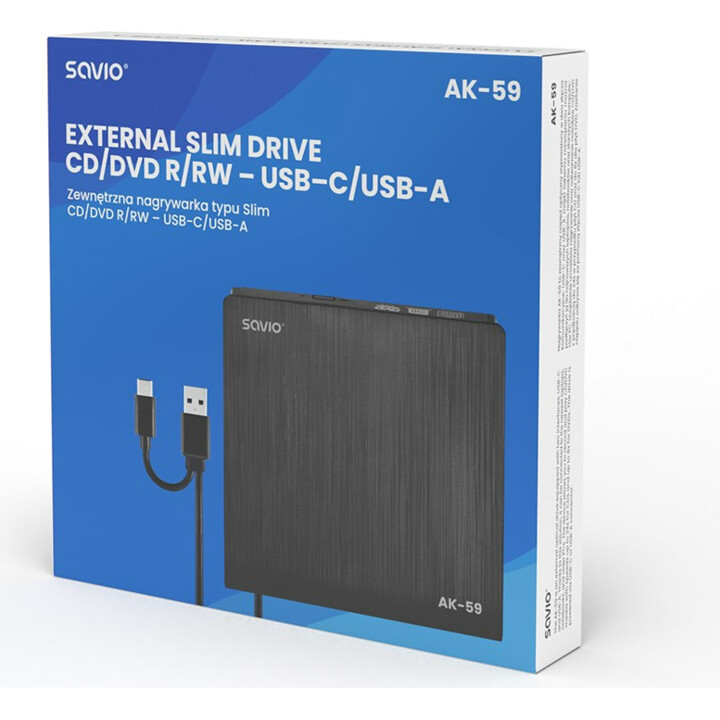 SAVIO AK-59 Grabador externo delgado de CD/DVD R/RW - USB-C/USB-A, negro
