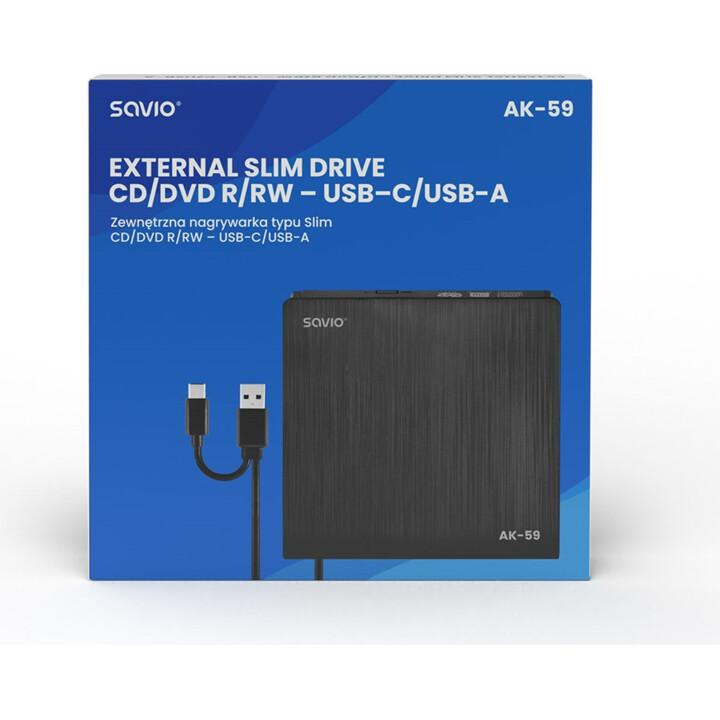 SAVIO AK-59 Grabador externo delgado de CD/DVD R/RW - USB-C/USB-A, negro