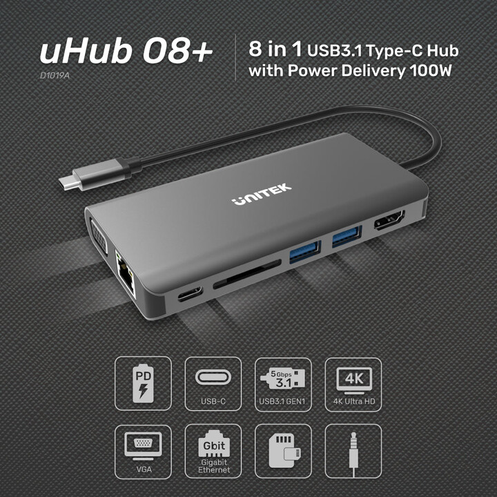 Unitek D1019B USB-C Hub 8W1 USB-C 3.1, PD 100W, D1019B