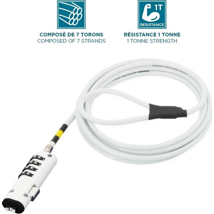 Security cable, slim head, with code lock, in steel, for Nano slot