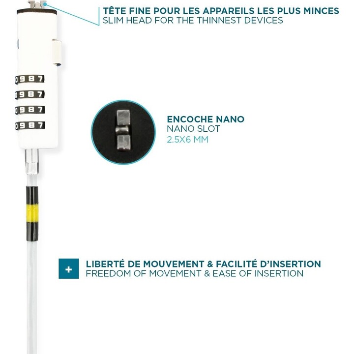 Security cable, slim head, with code lock, in steel, for Nano slot