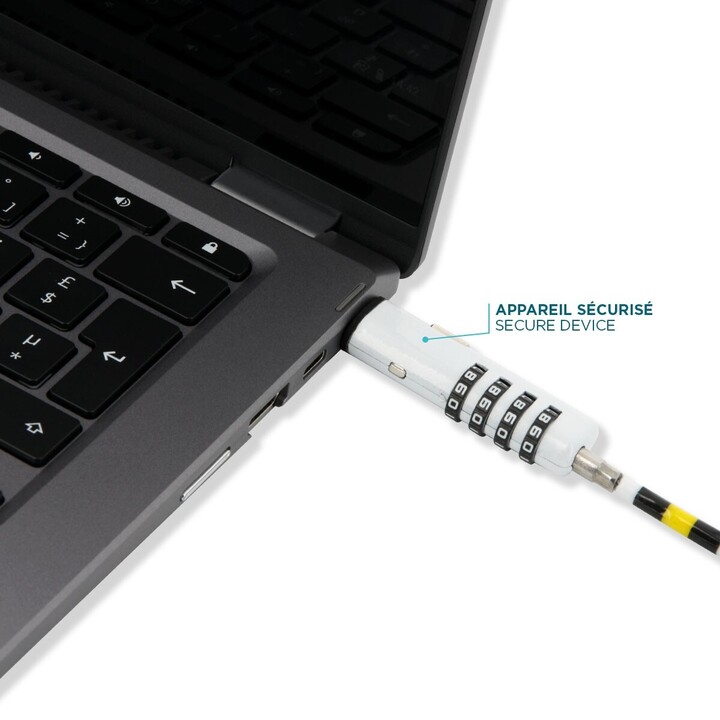 Security cable, slim head, with code lock, in steel, for Nano slot