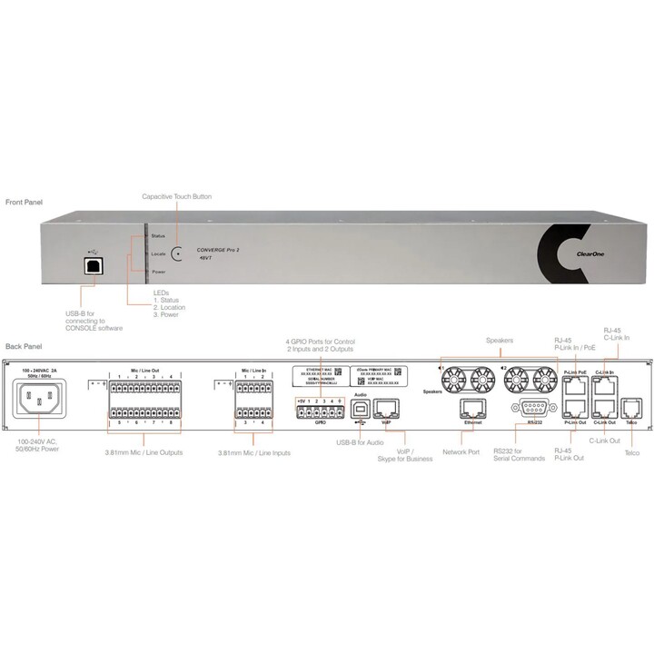 Mixer Clearone Converge Pro 2 Dsp con 4 ingressi Mic/Line (AEC), 8 uscite Mic/Line, audio USB integrato, interfaccia Voip integr