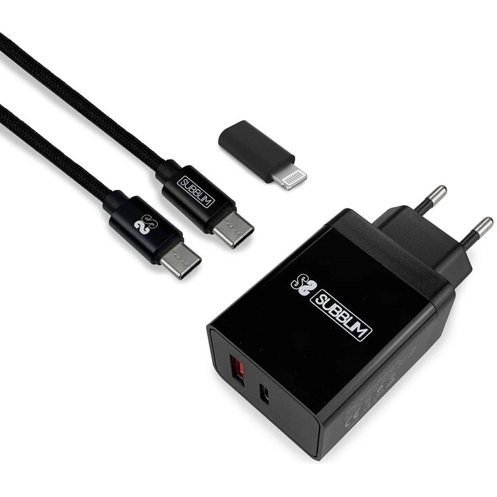 Subblim Ultra Fast Wall Charger 2xusb Pd25w+qc3.0+cable C To CY Lightning Black