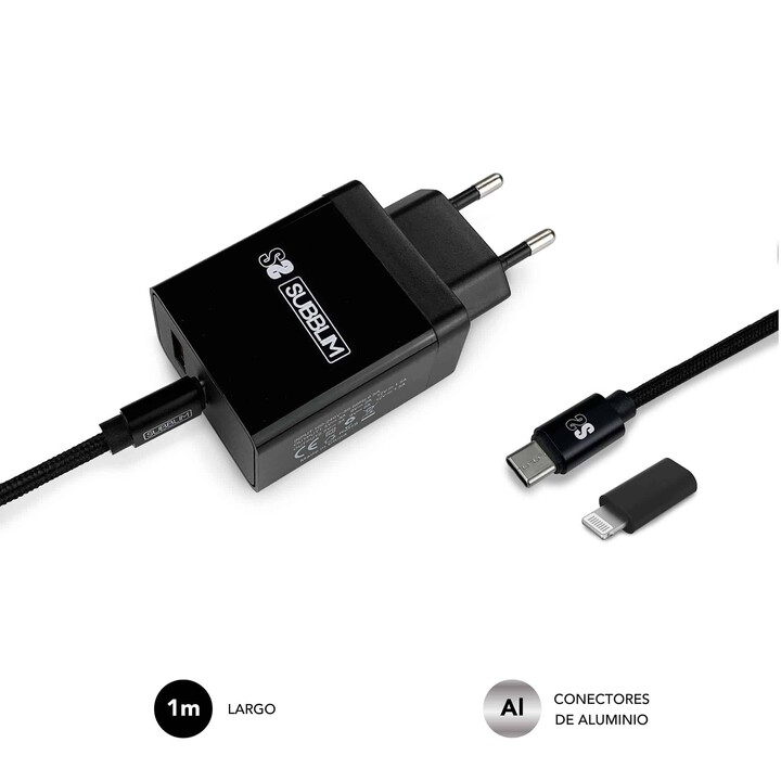 Subblim Ultra Fast Wall Charger 2xusb Pd25w+qc3.0+cable C To CY Lightning Black