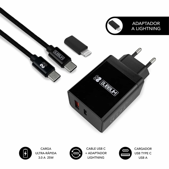 Subblim Ultra Fast Wall Charger 2xusb Pd25w+qc3.0+cable C To CY Lightning Black