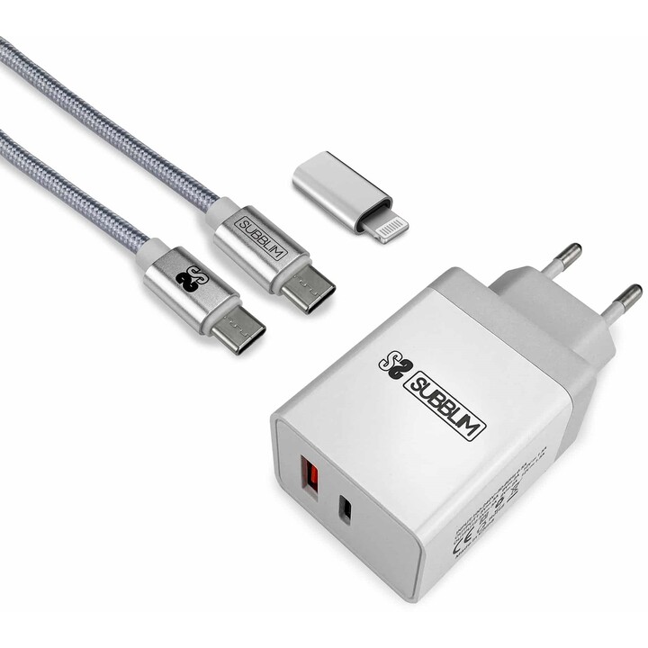 Subblim Ultra Fast Wall Charger 2xusb Pd25w+qc3.0+cable C To CY Lightning White