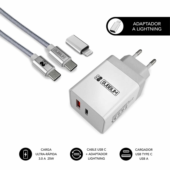 Subblim Ultra Fast Wall Charger 2xusb Pd25w+qc3.0+cable C To CY Lightning White