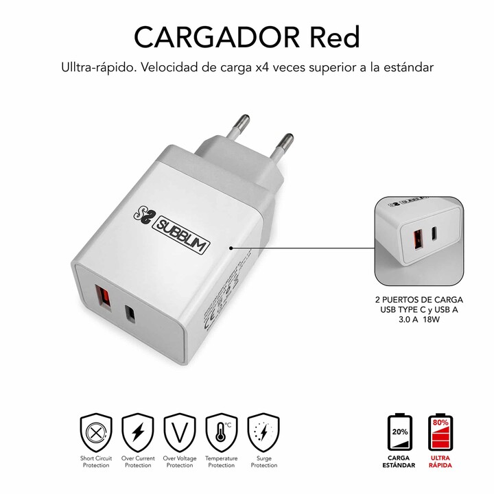 Subblim Ultra Fast Wall Charger 2xusb Pd25w+qc3.0+cable C To CY Lightning White