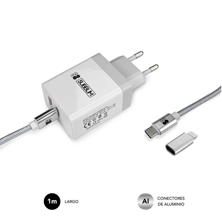 Subblim Ultra Fast Wall Charger 2xusb Pd25w+qc3.0+cable C To CY Lightning White