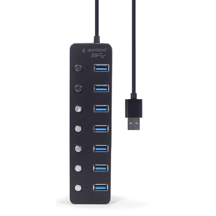 Gembird UHB-U3P7P-01 Hub USB 3.1 a 7 porte (Gen 1) con interruttori, nero