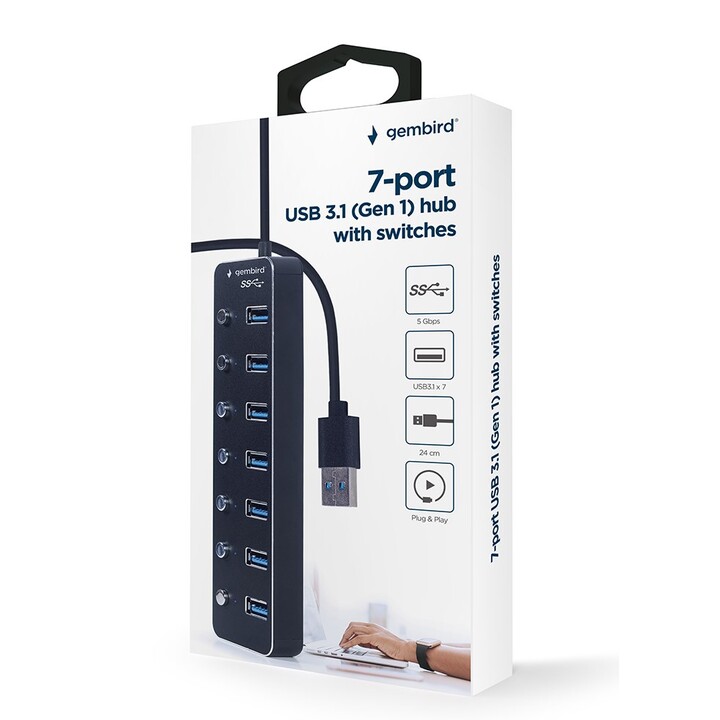 Gembird Concentrador UHB-U3P7P-01 de 7 puertos USB 3.1 (Gen 1) con interruptores, negro