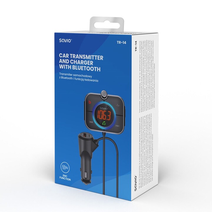 Transmisor FM SAVIO, Bluetooth 5.0, cargador QC/PD 3.0, ENC, AUX OUT, Micro SD, TR-14, negro