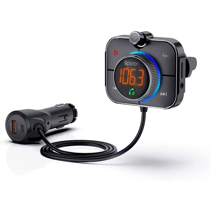 SAVIO FM transmitter, Bluetooth 5.0, QC/PD 3.0 charger, ENC, AUX OUT, Micro SD, TR-14, black