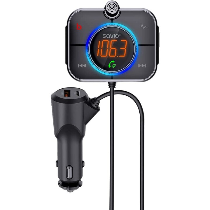 Transmissor SAVIO FM, Bluetooth 5.0, carregador QC/PD 3.0, ENC, AUX OUT, Micro SD, TR-14, preto