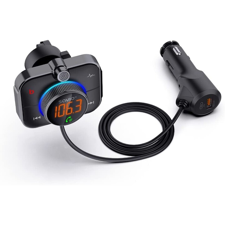 Transmisor FM SAVIO, Bluetooth 5.0, cargador QC/PD 3.0, ENC, AUX OUT, Micro SD, TR-14, negro
