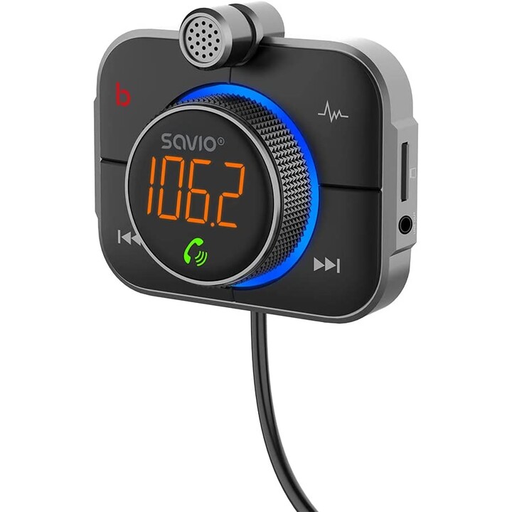 SAVIO FM transmitter, Bluetooth 5.0, QC/PD 3.0 charger, ENC, AUX OUT, Micro SD, TR-14, black