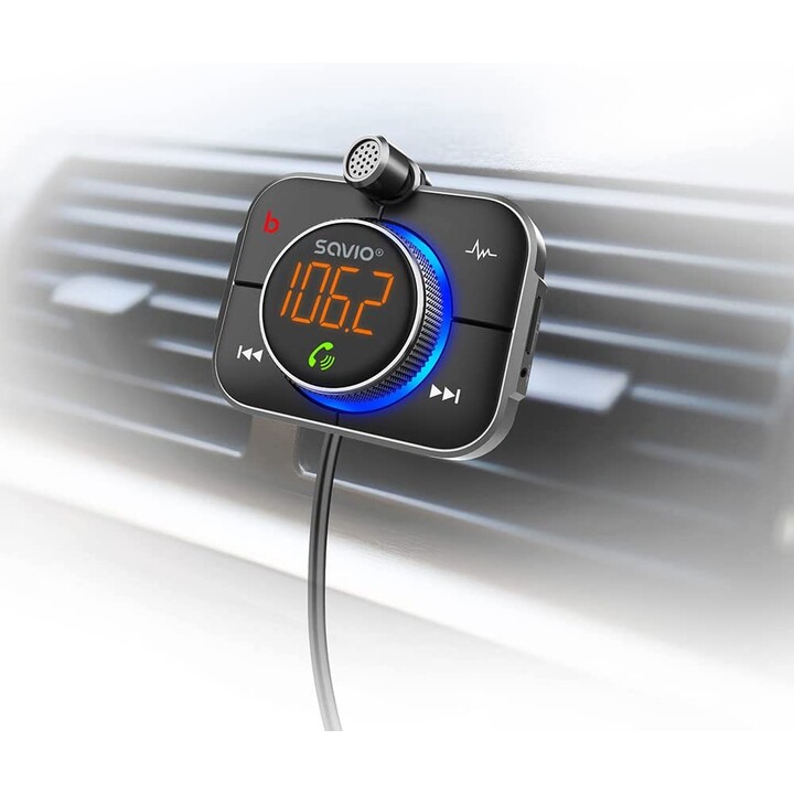 Transmissor SAVIO FM, Bluetooth 5.0, carregador QC/PD 3.0, ENC, AUX OUT, Micro SD, TR-14, preto