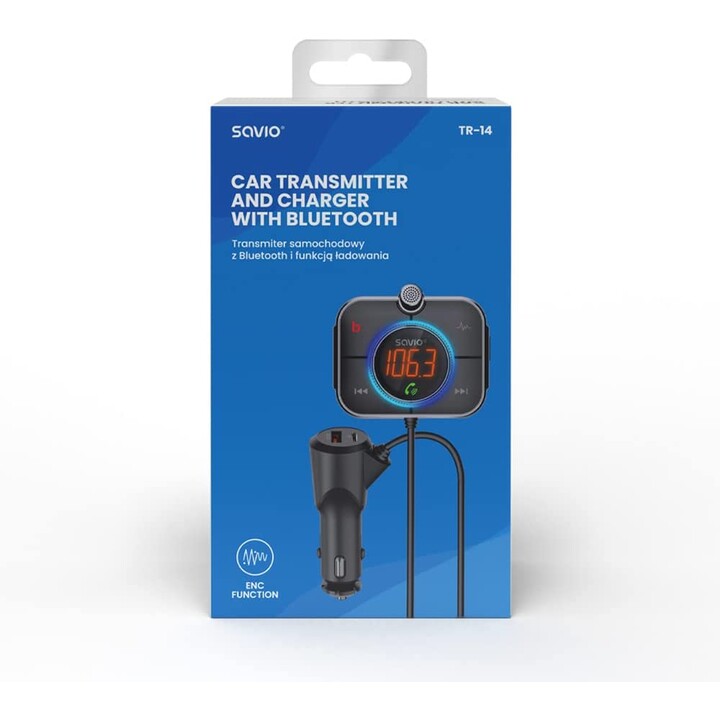 SAVIO FM transmitter, Bluetooth 5.0, QC/PD 3.0 charger, ENC, AUX OUT, Micro SD, TR-14, black