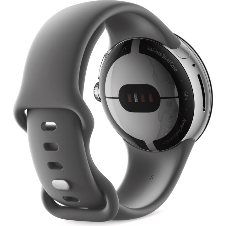 Google Pixel Watch, Android SmartWatch, Polished Silver Stainless Steel Case with Charcoalan Sports Bracelet, Wifi