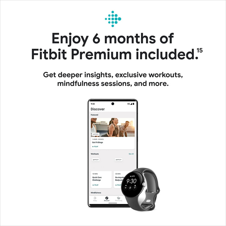Google Pixel Watch, Android SmartWatch, Polished Silver Stainless Steel Case with Charcoalan Sports Bracelet, Wifi