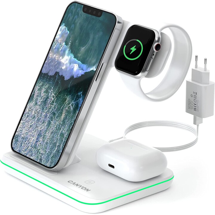 Estación de Carga Inalámbrica Qi Canyon WS-303/ 1xUSB Tipo-C/ 15W/ 5W/ Blanco