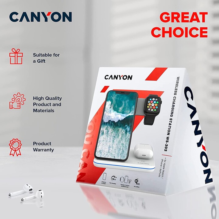 Estación de Carga Inalámbrica Qi Canyon WS-303/ 1xUSB Tipo-C/ 15W/ 5W/ Blanco