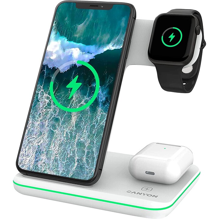 Estación de Carga Inalámbrica Qi Canyon WS-303/ 1xUSB Tipo-C/ 15W/ 5W/ Blanco