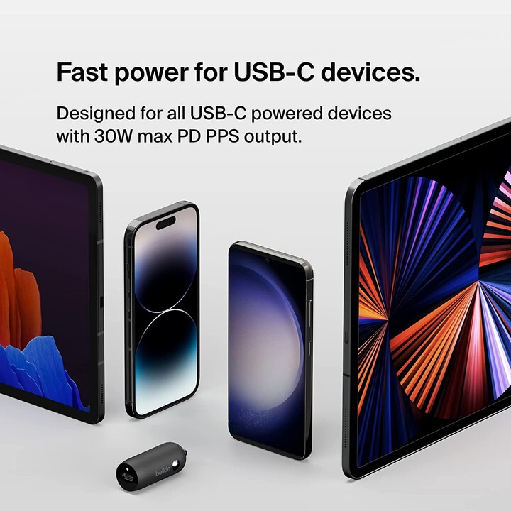 Belkin BOOST CHARGE 30W Caricabatteria da auto veloce, Design compatto con porta di alimentazione USB-C, Universal Compatibility