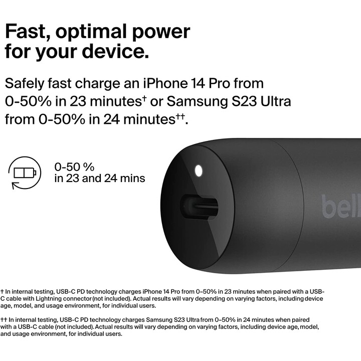 Belkin BOOST CHARGE 30W Fast Car Charger, Compact Design w/USB-C Power Delivery Port, Universal Compatibility for iPhone 14, Gal