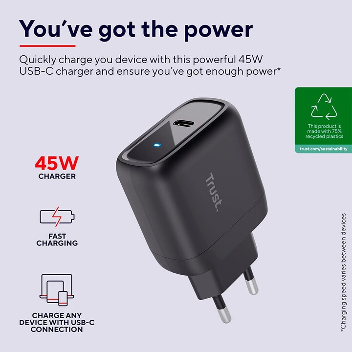 Carregador de parede Trust / 1xUSB Tipo-C/ 45W