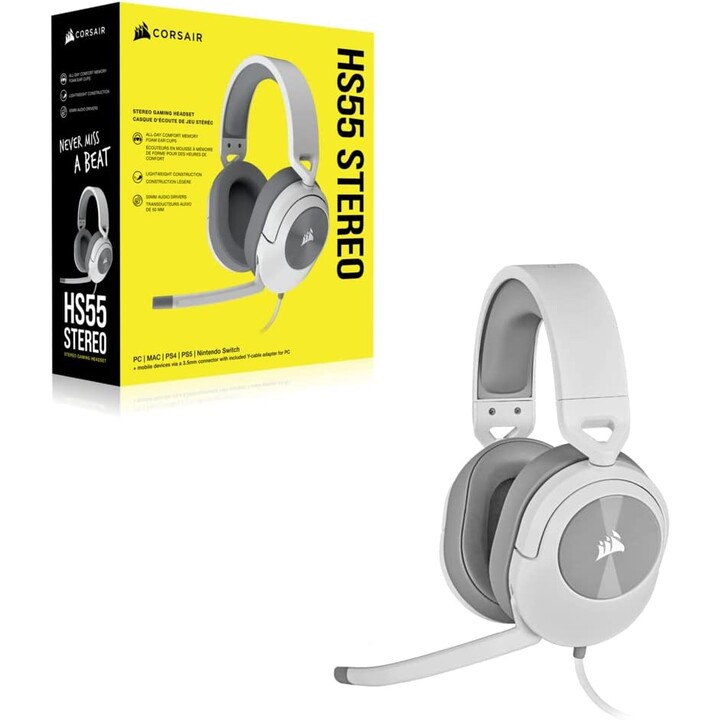 Fones de ouvido estéreo Corsair Hs55 com fio portátil para jogos branco