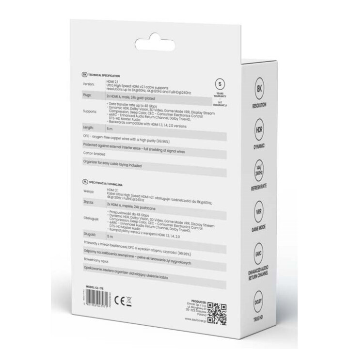 Cavo HDMI Savio (M) v2.1, angolato, 8K, HDR dinamico, rame OFC, 5 m, CL-175
