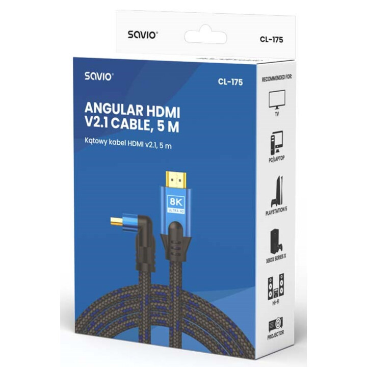 Cavo HDMI Savio (M) v2.1, angolato, 8K, HDR dinamico, rame OFC, 5 m, CL-175
