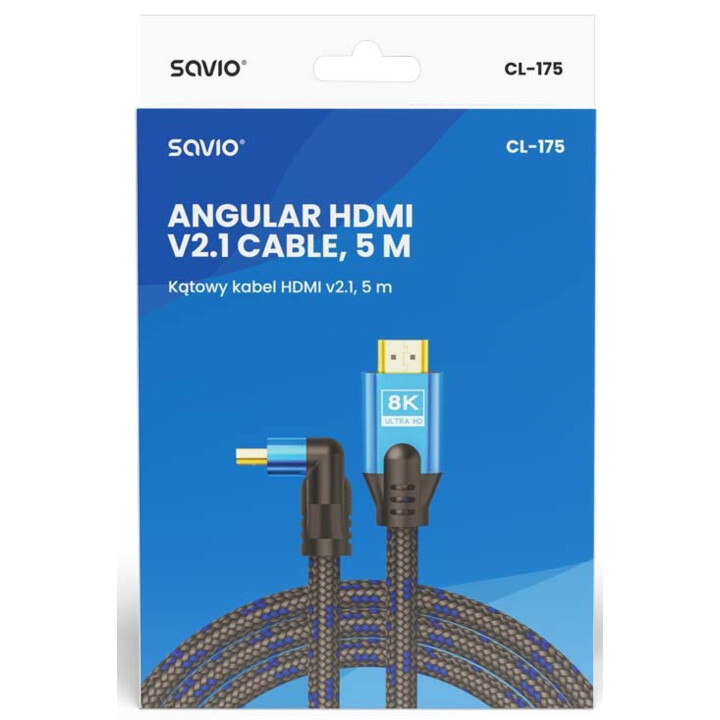 Cavo HDMI Savio (M) v2.1, angolato, 8K, HDR dinamico, rame OFC, 5 m, CL-175
