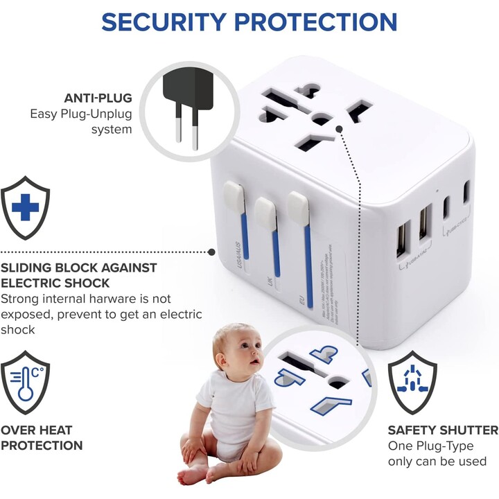 EWENT UNIVERSAL MULTI PLUG ADAPTER + 2X USB + 3X USB-C WHITE