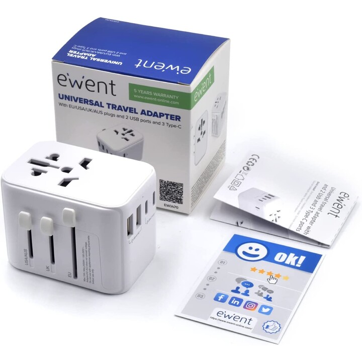 EWENT UNIVERSAL MULTI PLUG ADAPTER + 2X USB + 3X USB-C WHITE