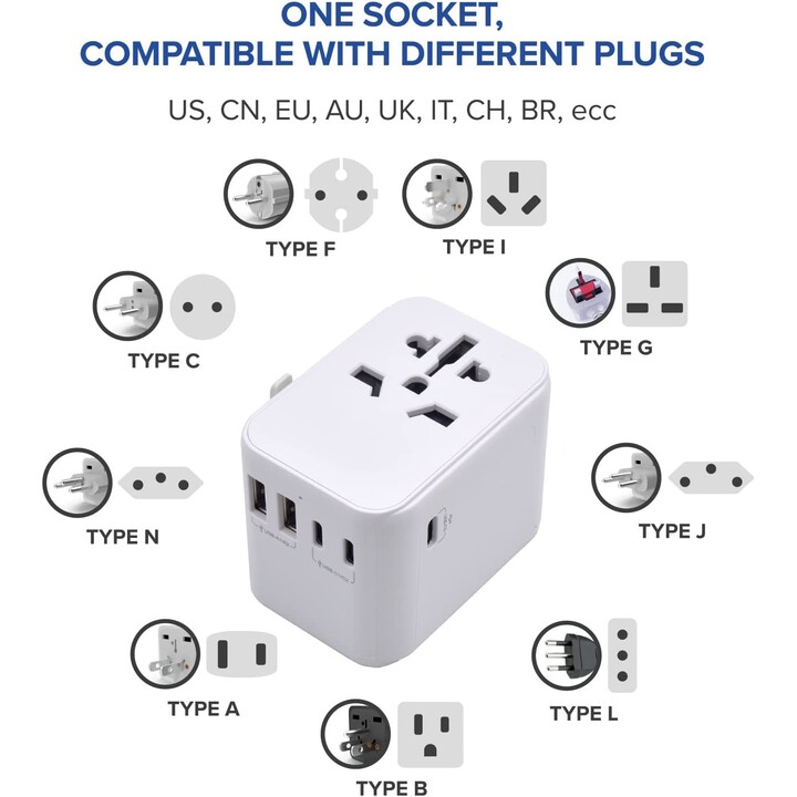 EWENT UNIVERSAL MULTI PLUG ADAPTER + 2X USB + 3X USB-C WEISS