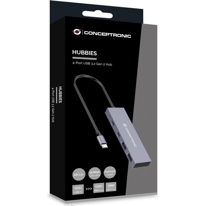 HUBBIES13G Conceptronic USB-C Hub 4 Anschlüsse 2x USB-C 3.2 + 2 USB 2.0 Silber